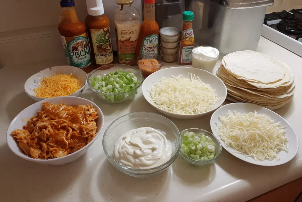 Overhead view of Buffalo Chicken Enchiladas ingredients on a white counter