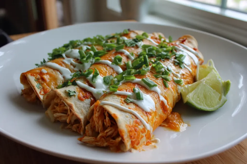 Two Buffalo Chicken Enchiladas on a plate with cilantro, green onions, ranch, and lime