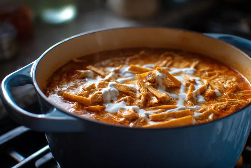 Buffalo chicken tortilla soup with tortilla strips and ranch drizzle