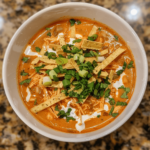 Buffalo chicken tortilla soup topped with tortilla strips and ranch