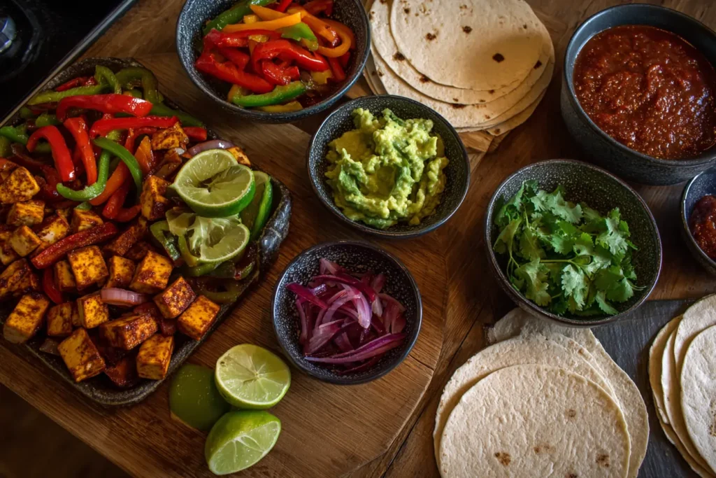 Bowls of baked tofu, peppers, avocado, salsa, and tortillas in a fajita setup