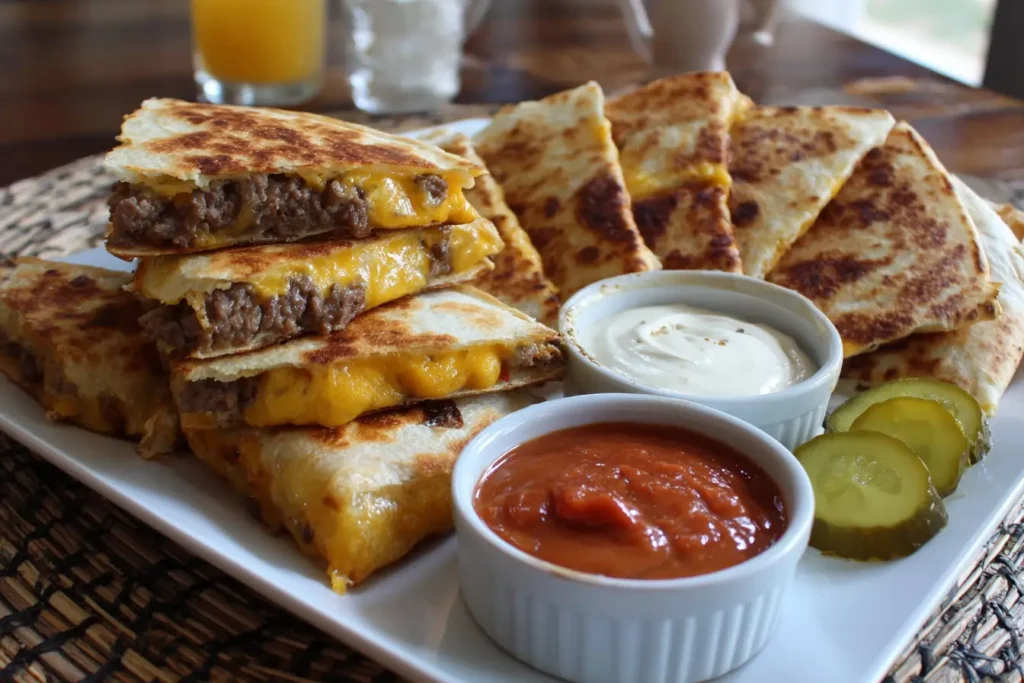 Burger sauce in a bowl next to sliced sheet pan cheeseburger quesadilla squares