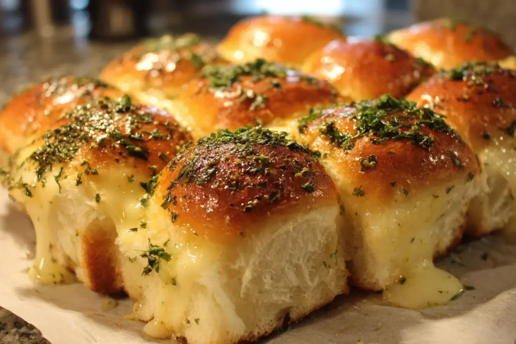 Pastry brush spreading melted butter on mini grilled cheese Hawaiian rolls with garlic and herbs