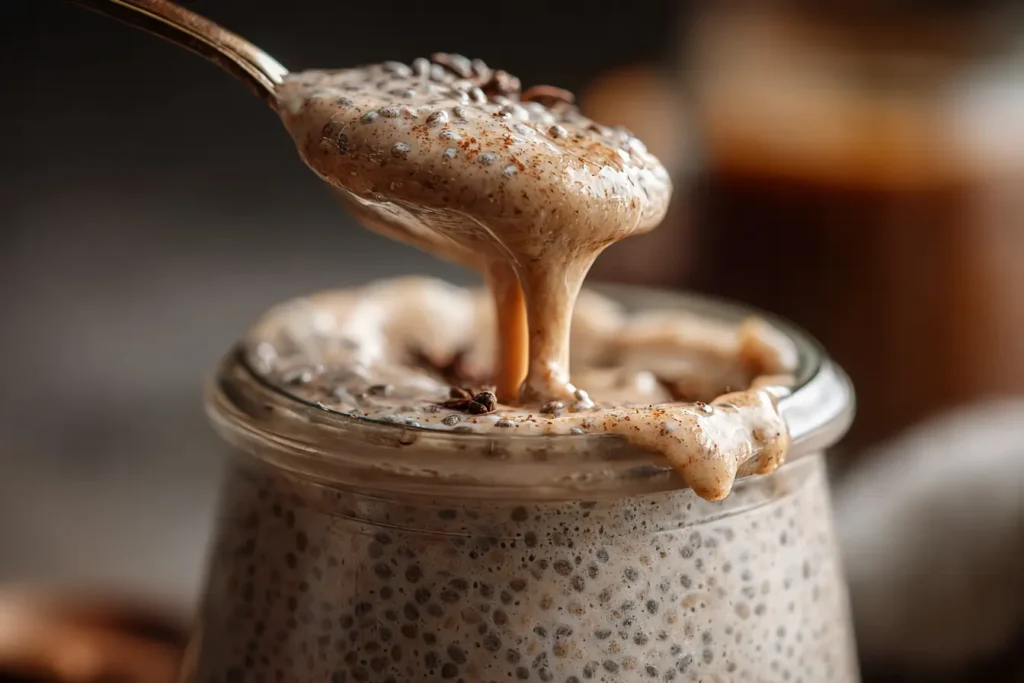 Close-up of creamy chai spiced chia pudding in a glass jar with a spoonful scooped