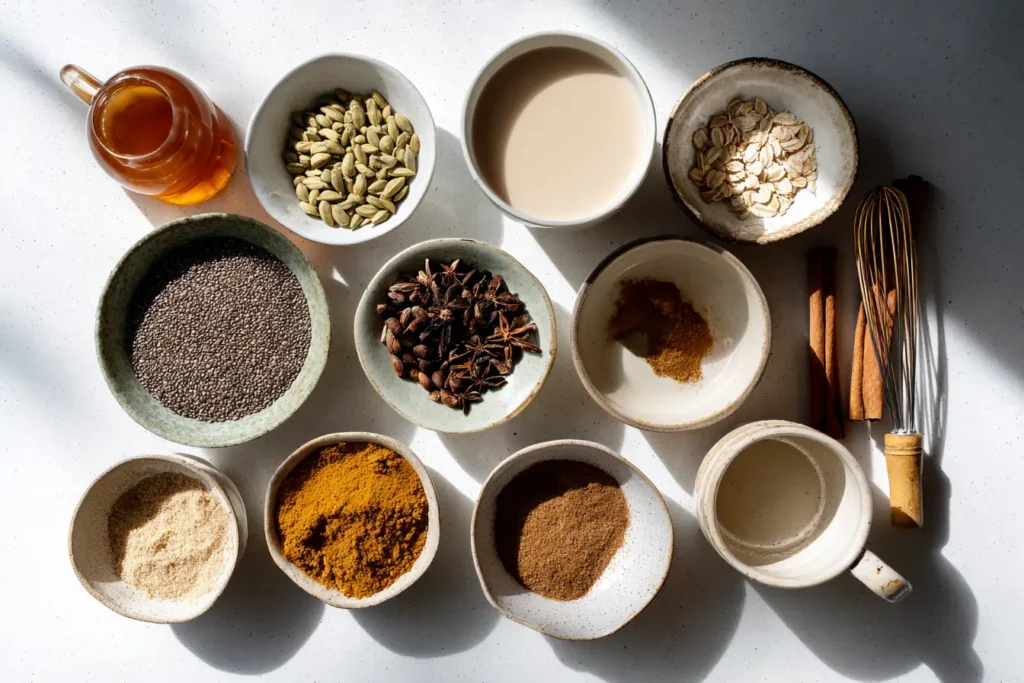 Overhead flat lay of ingredients for chai spiced chia pudding in small bowls on a white counter