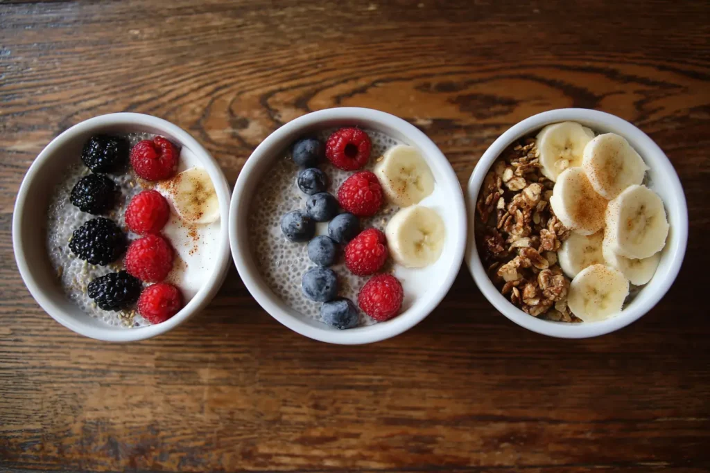 Three bowls of chai spiced chia pudding with different toppings: berries, yogurt with granola, and banana slices