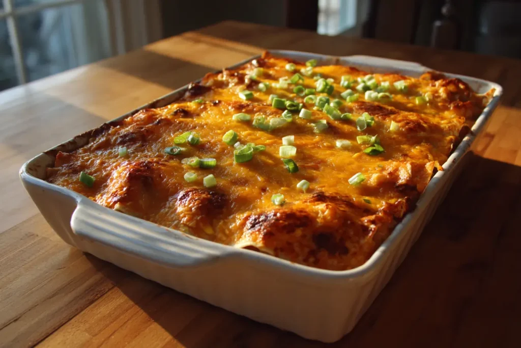 Pan of cheesy Buffalo Chicken Enchiladas with bubbling sauce and green onions