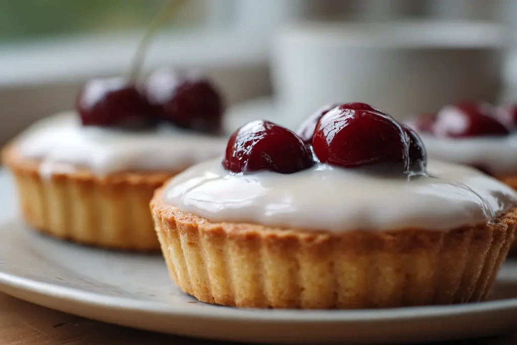 Unbaked cherry bakewell tarts filled with frangipane and topped with glacé cherries