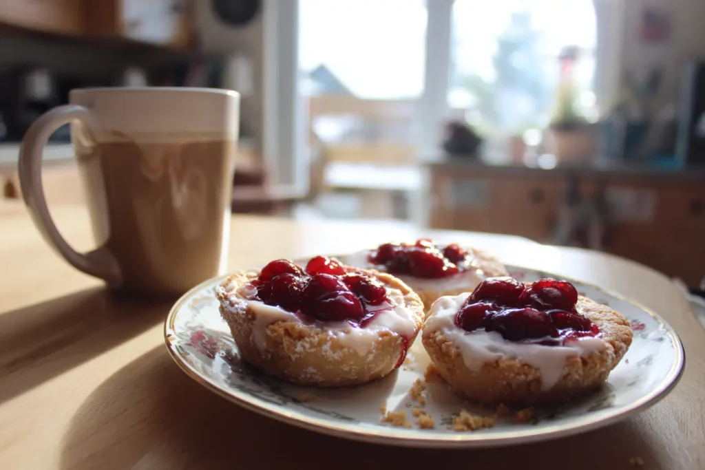 Two iced cherry bakewell tarts on a plate next to a mug of tea