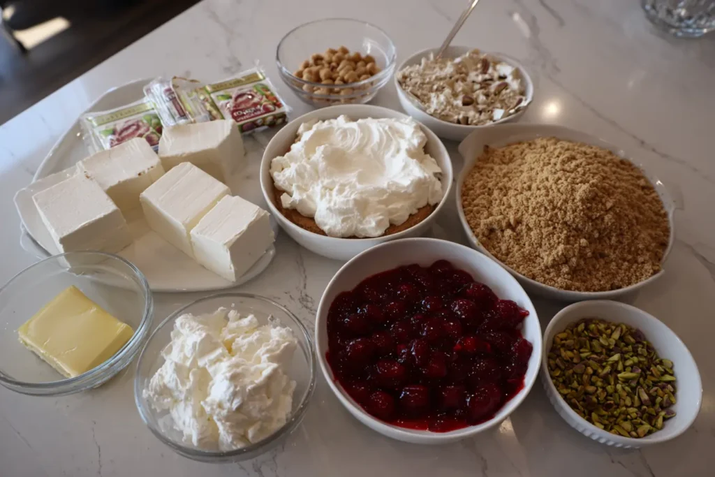 Four-panel step-by-step collage showing how to make Cherry Pistachio No Bake Cheesecake from crust to cherry topping.