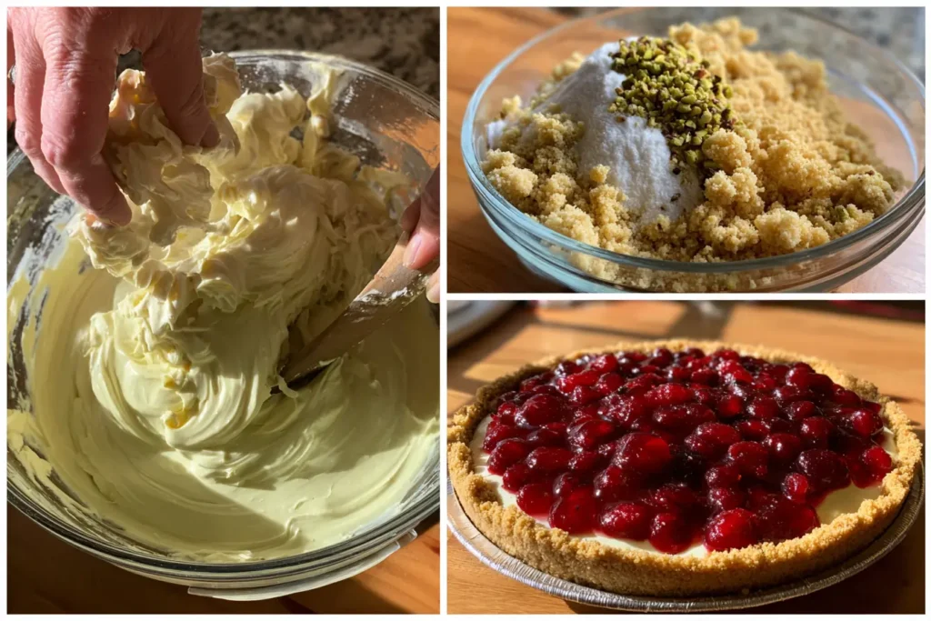 Slice of Cherry Pistachio No Bake Cheesecake with thick pistachio layer, cherry topping, and crunchy crust on a white plate.