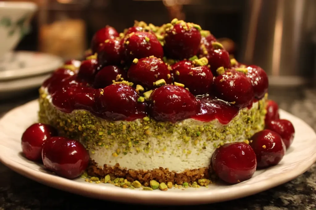 Cherry Pistachio No Bake Cheesecake with cherry pie filling and pistachios, highlighting topping variations.