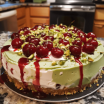 Cherry Pistachio No Bake Cheesecake with glossy cherry topping and pistachio crust
