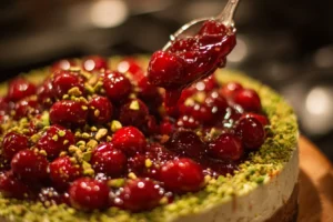 Cherry Pistachio No Bake Cheesecake with glossy cherry pie filling spooned over a green pistachio layer.