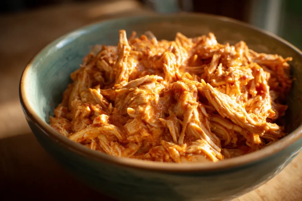 Shredded chicken mixed with chipotle sauce and cheese in a bowl
