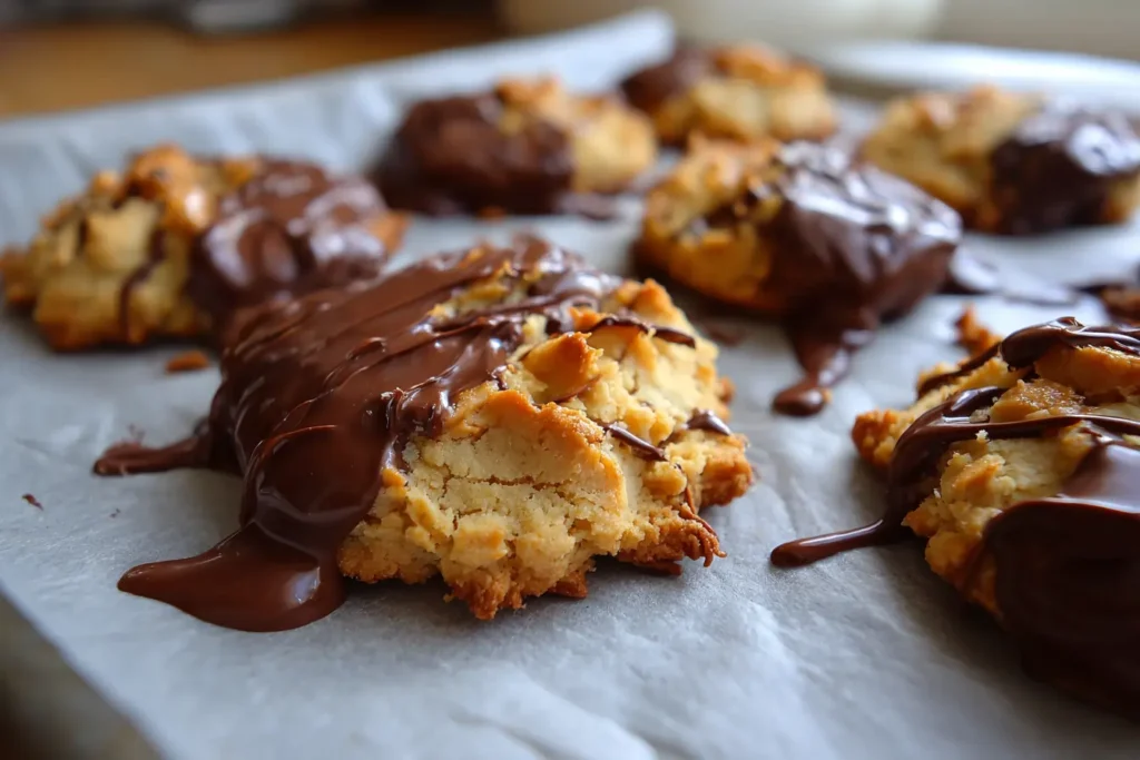Keto peanut butter cookies half dipped in sugar-free chocolate on parchment paper