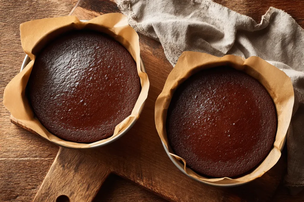 Chocolate espresso cake batter poured into parchment-lined round cake pans