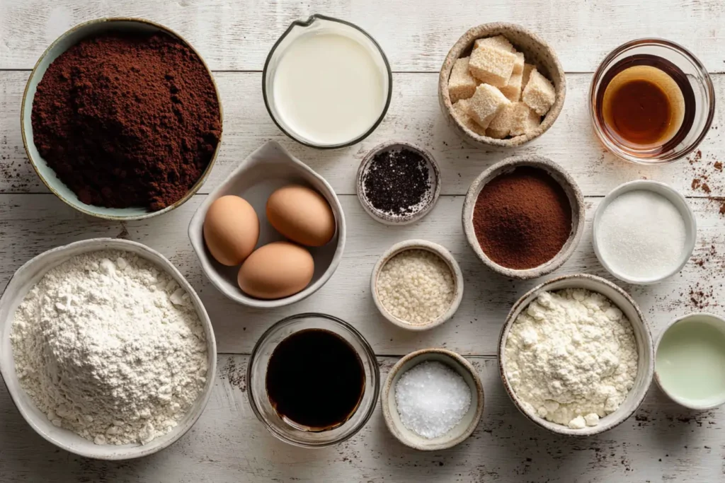 Overhead flat lay of ingredients for chocolate espresso cake on a wooden table
