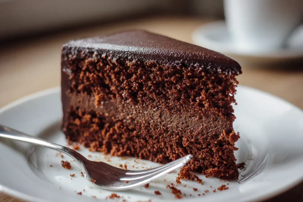 Thick slice of chocolate espresso cake showing a moist chocolate crumb on a plate