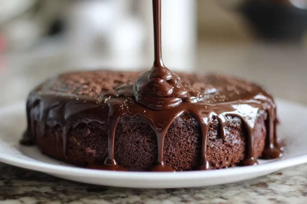 Chocolate ganache being poured over chocolate espresso cake with glossy drips