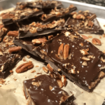 Chocolate pecan toffee with melted chocolate and pecans