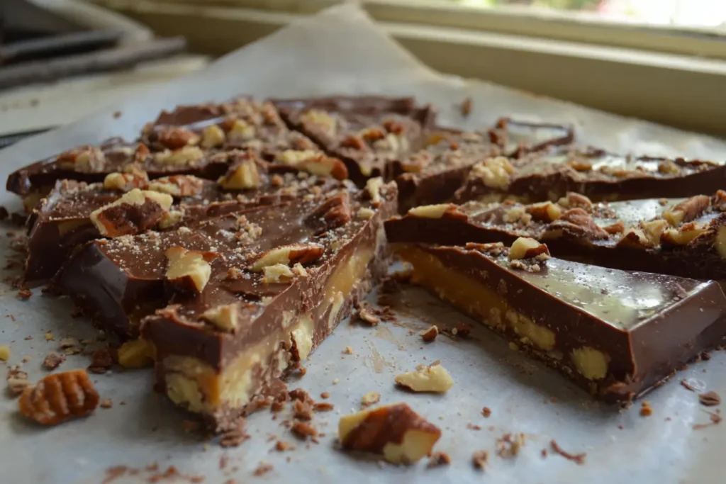 Hands breaking chocolate pecan toffee slab with clean snap