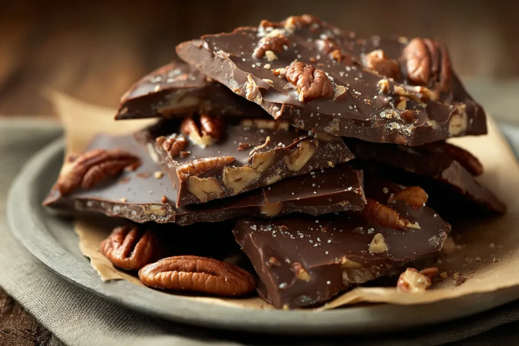 Rustic chocolate pecan toffee pieces on parchment