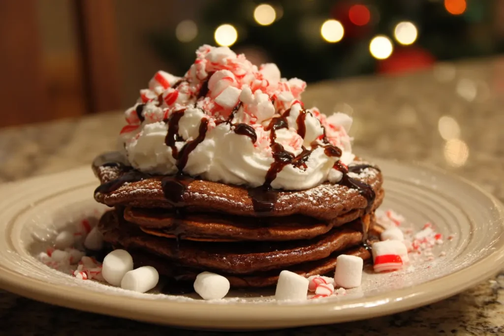 Stack of chocolate peppermint pancakes topped with whipped cream, marshmallows, and crushed candy canes