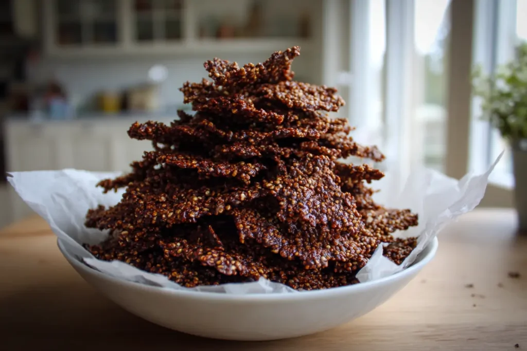 chocolate quinoa crisps piled in a white bowl with puffed quinoa texture