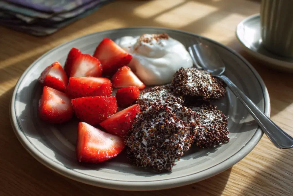 chocolate quinoa crisps served with strawberries and yogurt on a snack plate