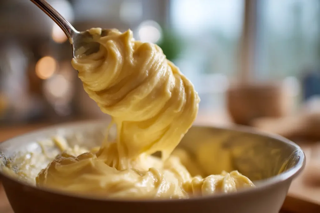 Glossy choux pastry dough forming a thick ribbon when lifted with a spoon