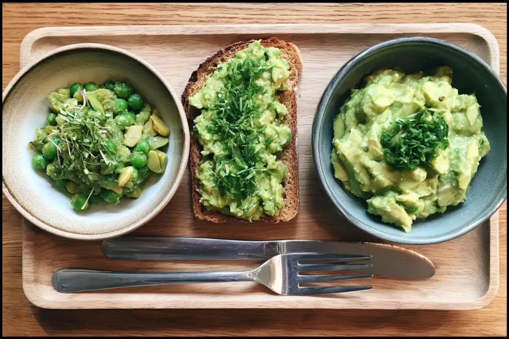 Chunky and creamy broad bean avocado smash in two bowls