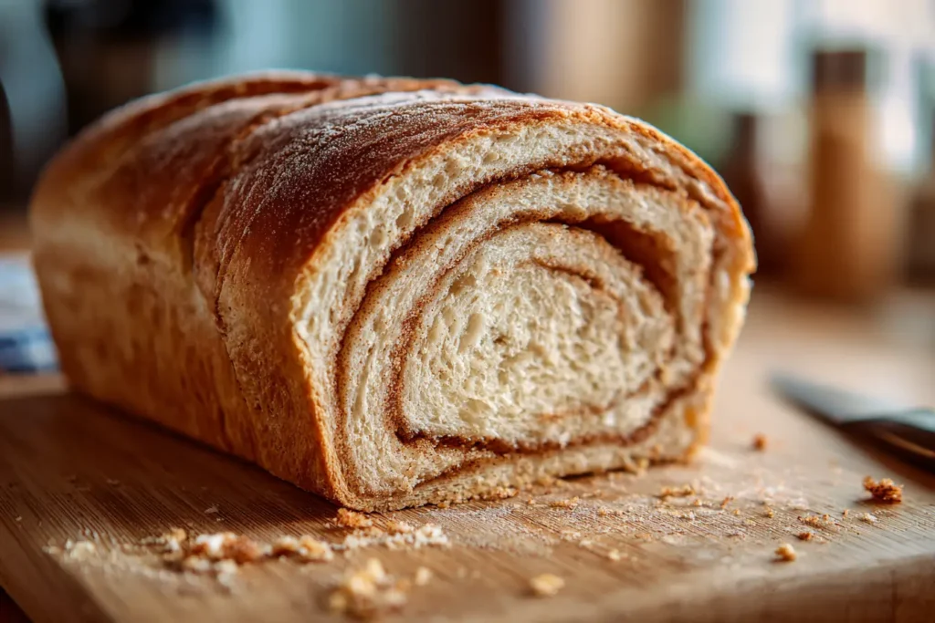 Sliced cinnamon sugar swirl sourdough bread showing an even cinnamon swirl