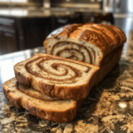 Sliced cinnamon sugar swirl sourdough bread with a thick cinnamon ribbon