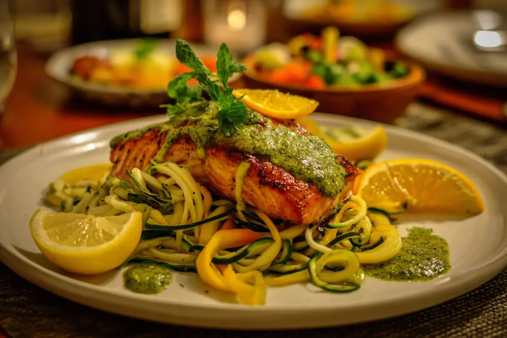 Citrusy salmon packets over zoodles topped with cilantro chutney