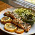 Citrusy salmon packets with zoodles and cilantro chutney on a plate