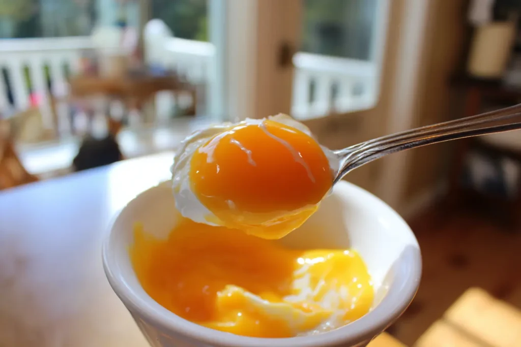 Spoon dipped in thick clementine curd showing a clean line test