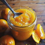 Homemade clementine curd in a glass jar with a spoon