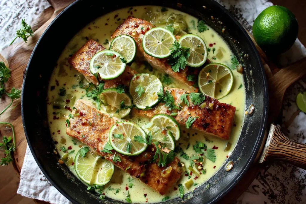 Coconut Lime Salmon fillets in a skillet with creamy coconut lime sauce, lime slices and cilantro on top