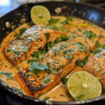 A skillet filled with tender coconut lime salmon in a creamy coconut milk sauce, garnished with lime and cilantro.
