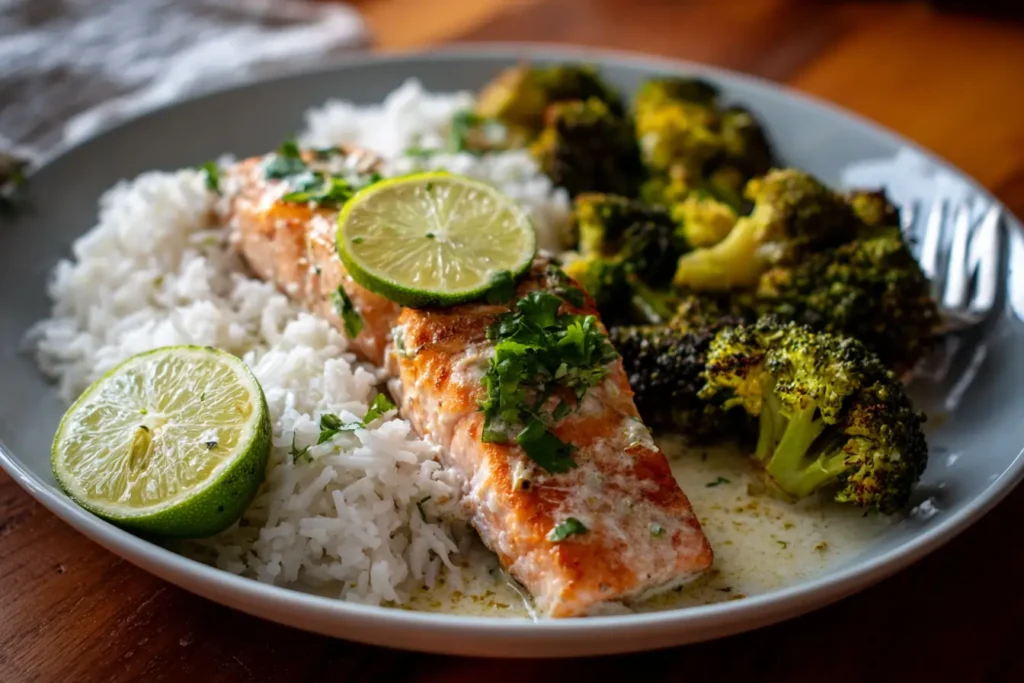 Meal prep bowls filled with Coconut Lime Salmon, rice, cabbage slaw, herbs and lime wedges