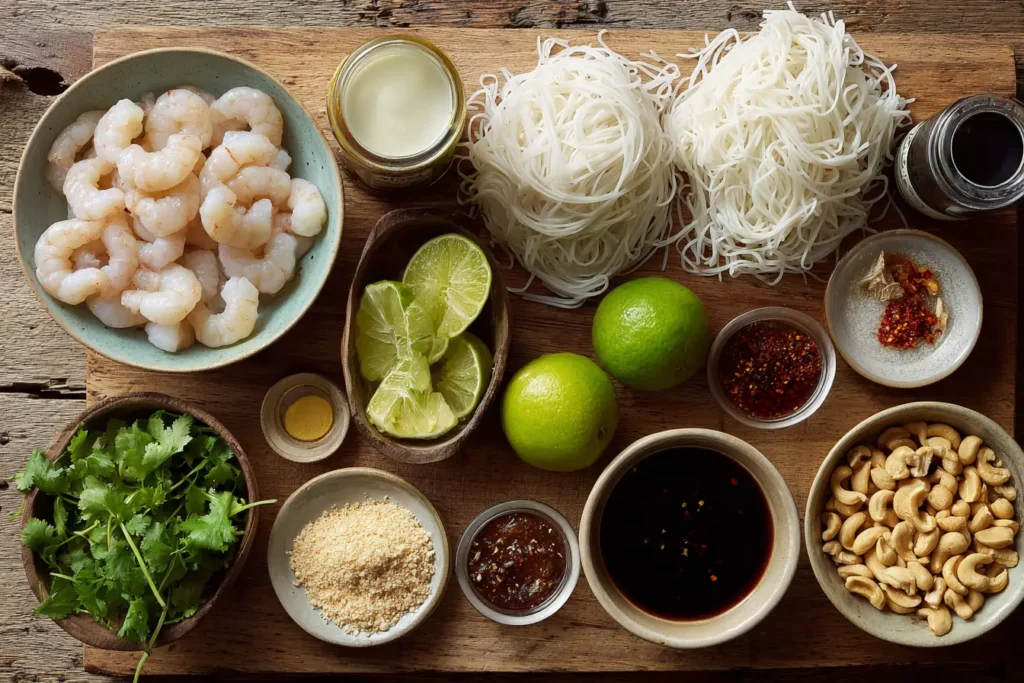 Flat lay of raw shrimp, rice noodles, coconut milk, lime, tamarind, garlic, chili flakes, soy sauce, fish sauce, peanuts, cilantro, and green onions on a wooden counter