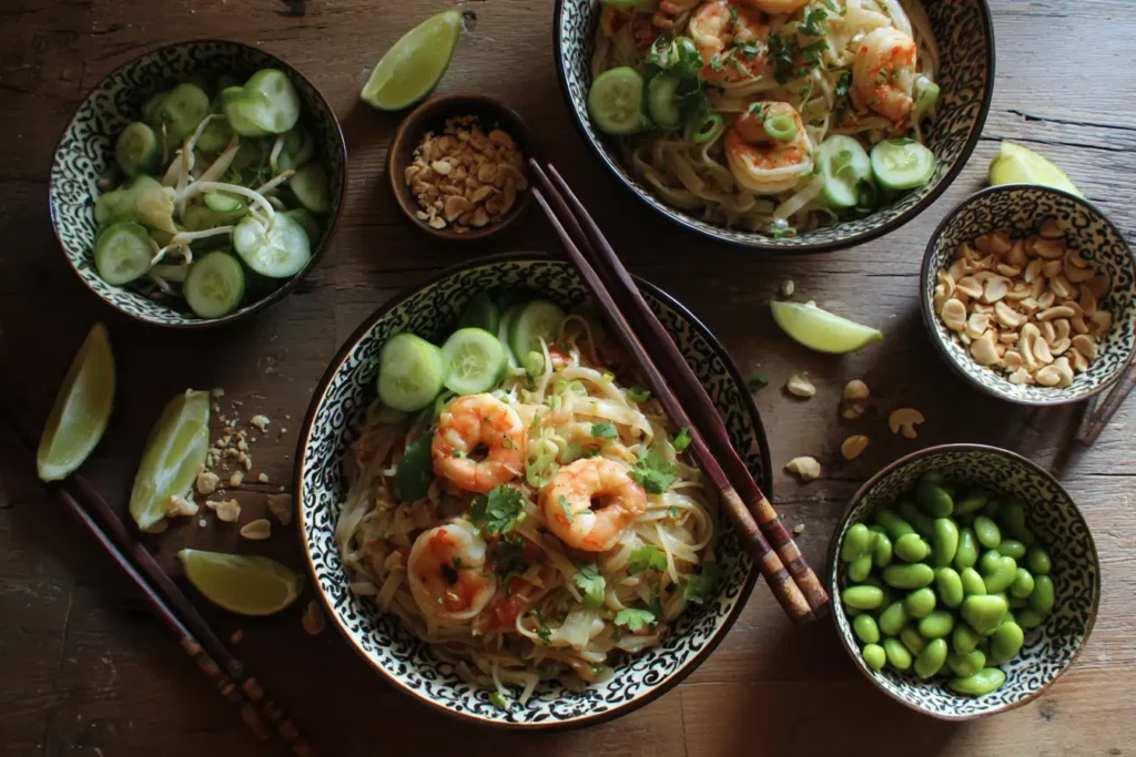 Table scene with a large bowl of coconut lime shrimp Pad Thai, cucumber salad, edamame, lime wedges, and peanuts