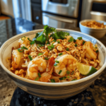 Creamy coconut lime shrimp Pad Thai with rice noodles, peanuts, cilantro, and lime wedges in a bowl