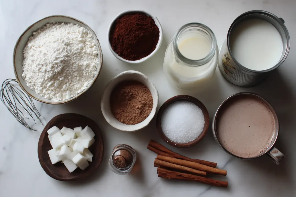 Flat lay of coconut milk hot chocolate ingredients