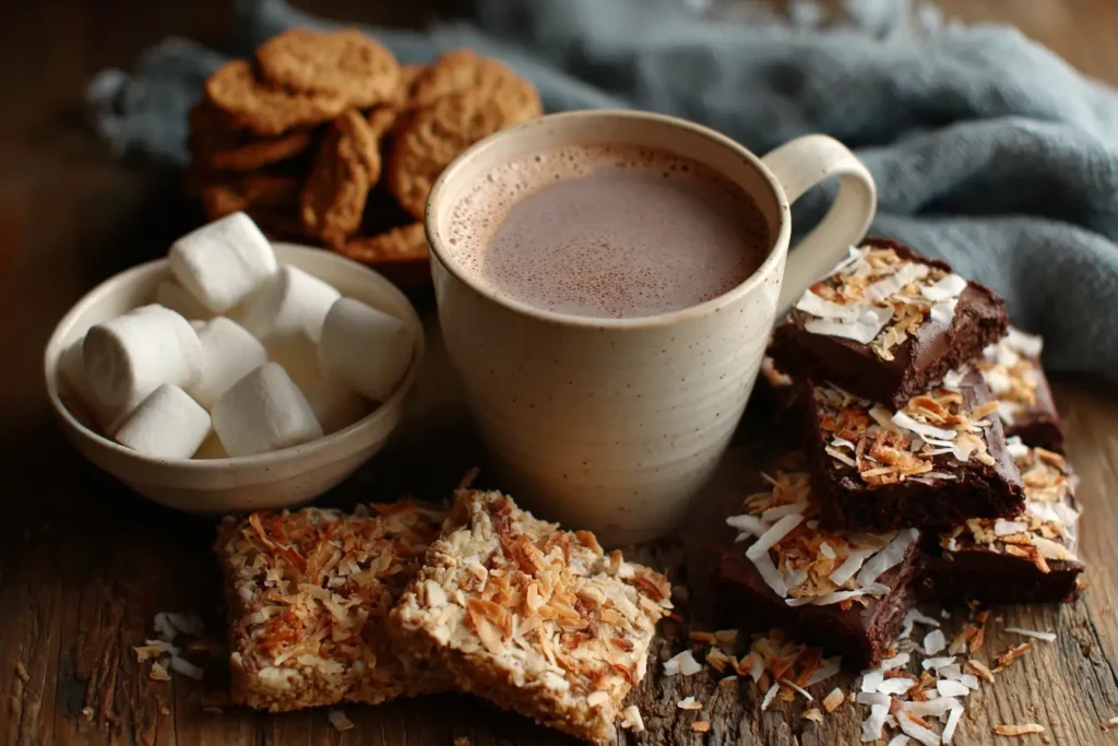 A mug of coconut milk hot chocolate surrounded by cookies, brownies, and toasted coconut flakes.
