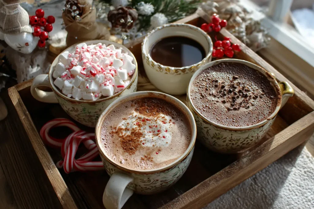 Three mugs of coconut milk hot chocolate in peppermint, mocha, and spicy versions on a wooden tray.