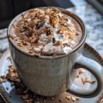 Creamy coconut milk hot chocolate topped with coconut whipped cream and toasted coconut flakes