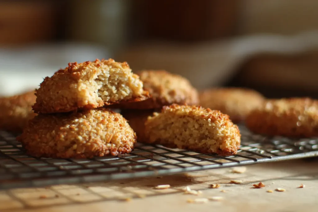 Coconut quinoa breakfast cookies cooling on a rack with one broken open to show chewy center