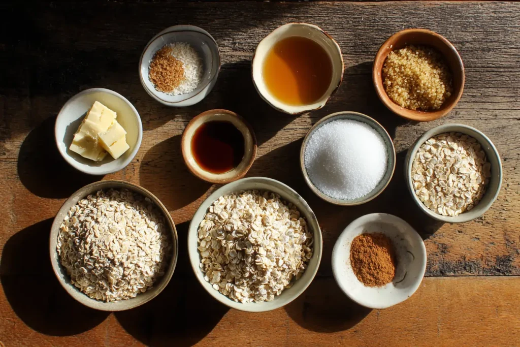 Overhead flat lay of ingredients for coconut quinoa breakfast cookies in small bowls